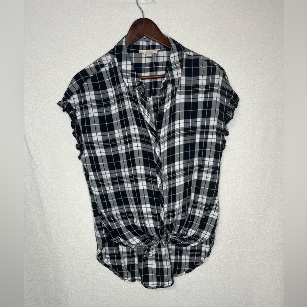Como Vintage Button Up Plaid Ruffle Front Tie Top Sz M